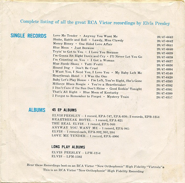 Buy Elvis Presley With The Jordanaires : Playing For Keeps / Too