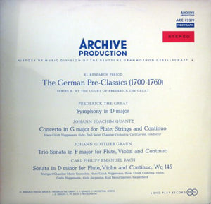 Friedrich der Grosse / Johann Joachim Quantz / Johann Gottlieb Graun / Carl Philipp Emanuel Bach : Symphony In D Major / Concerto In G Major / Trio Sonata In E Major / Sonata In D Minor (LP)