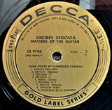 Andrés Segovia : Masters Of The Guitar (Compositions Of Sor And Tarrega) (LP, Album, Mono)