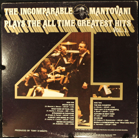 Mantovani And His Orchestra : The Incomparable Mantovani Plays The All Time Greatest Hits, Vol. 1 (LP, Comp, Club)