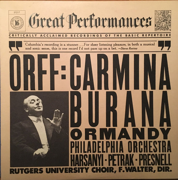 Carl Orff : Eugene Ormandy, The Philadelphia Orchestra, Janice Harsanyi, Rudolf Petrak, Harve Presnell, The Rutgers University Choir, F. Austin Walter : Carmina Burana (LP, Album)