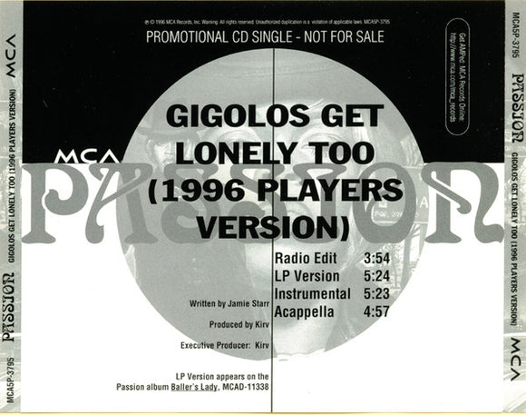 Passion : Gigolos Get Lonely Too (1996 Players Version) (CD, Single, Promo)